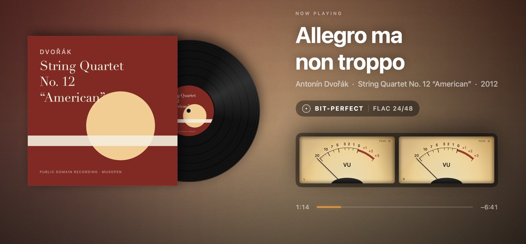 LACQUER playing: the album with its record turning, two VU meters, Bit-perfect FLAC 24/48